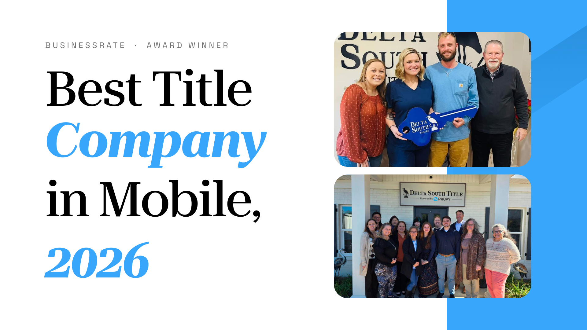 Delta South Title team celebrating Best Title Company in Mobile 2026 award