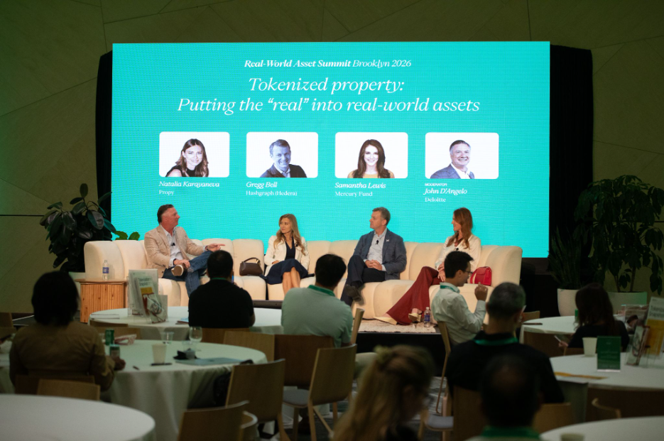 Natalia Karayaneva speaking on a tokenized property panel at the RWA conference
