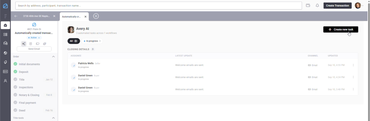 Propy platform showing an automatically created transaction